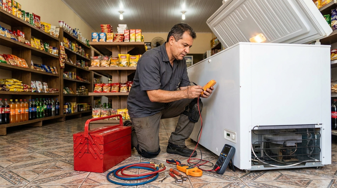 Manômetro conectado ao circuito durante recarga de gás de freezer em Ribeirão Preto‑SP