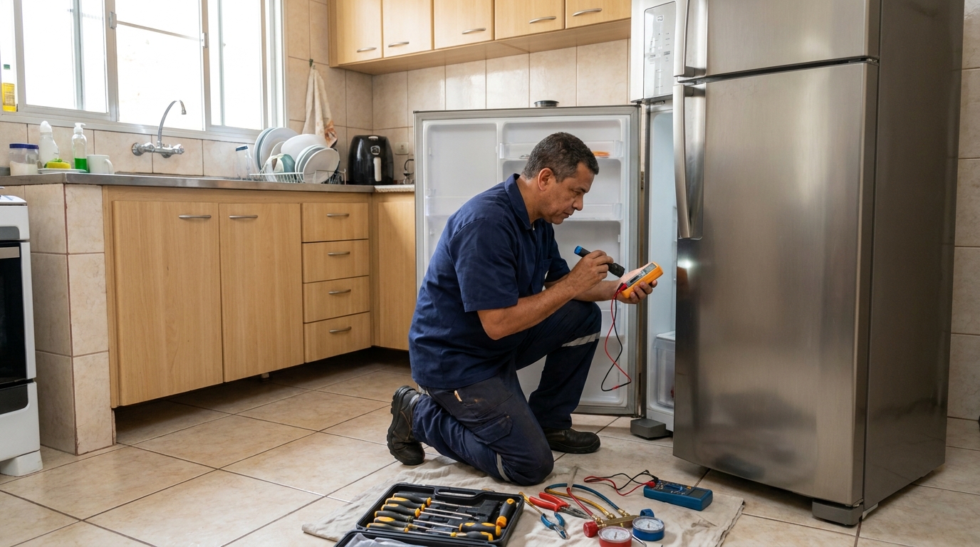 Técnico fazendo recarga de gás em geladeira de cliente no Adão do Carmo Leonel, Ribeirão Preto‑SP