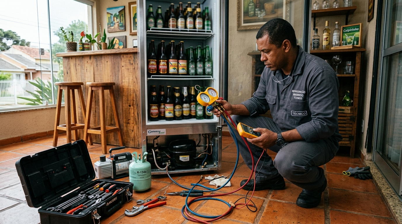 Técnico conferindo a temperatura de uma cervejeira durante atendimento em Ribeirão Preto‑SP