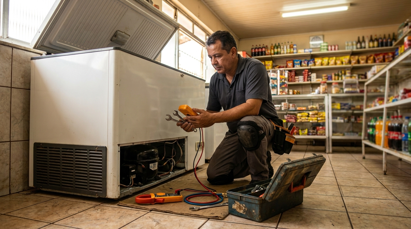 Técnico avaliando um freezer vertical durante atendimento em Ribeirão Preto‑SP