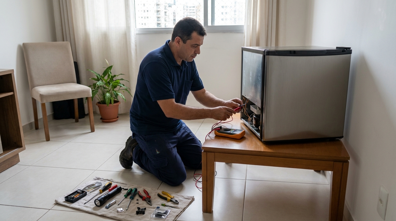 Técnico avaliando um frigobar compacto durante atendimento em Ribeirão Preto‑SP